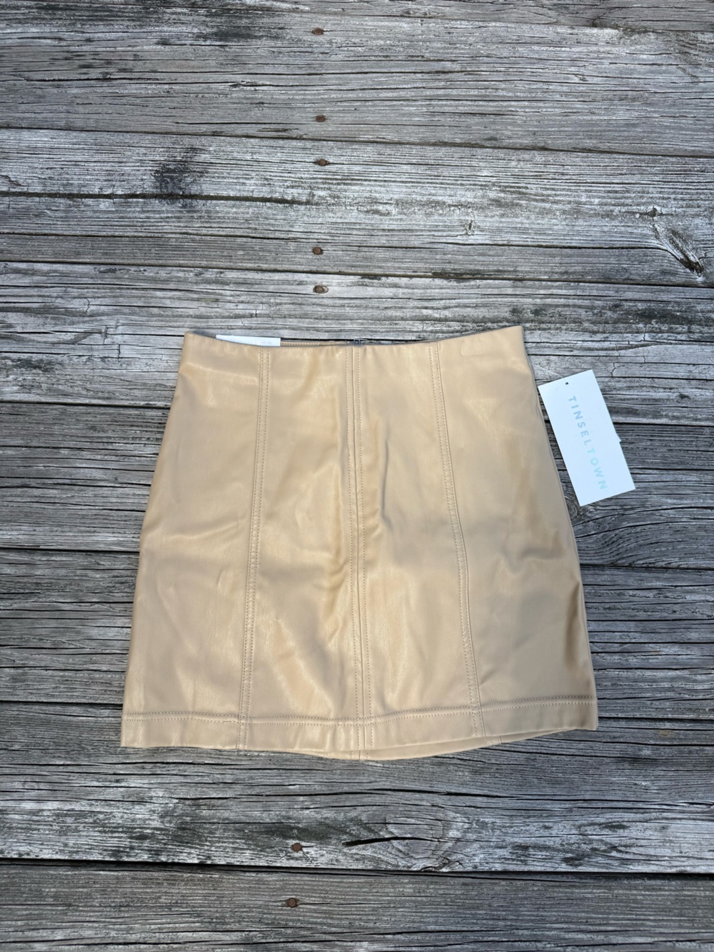 Tinseltown Tan Faux Leather Pull-On Mini Skirt
